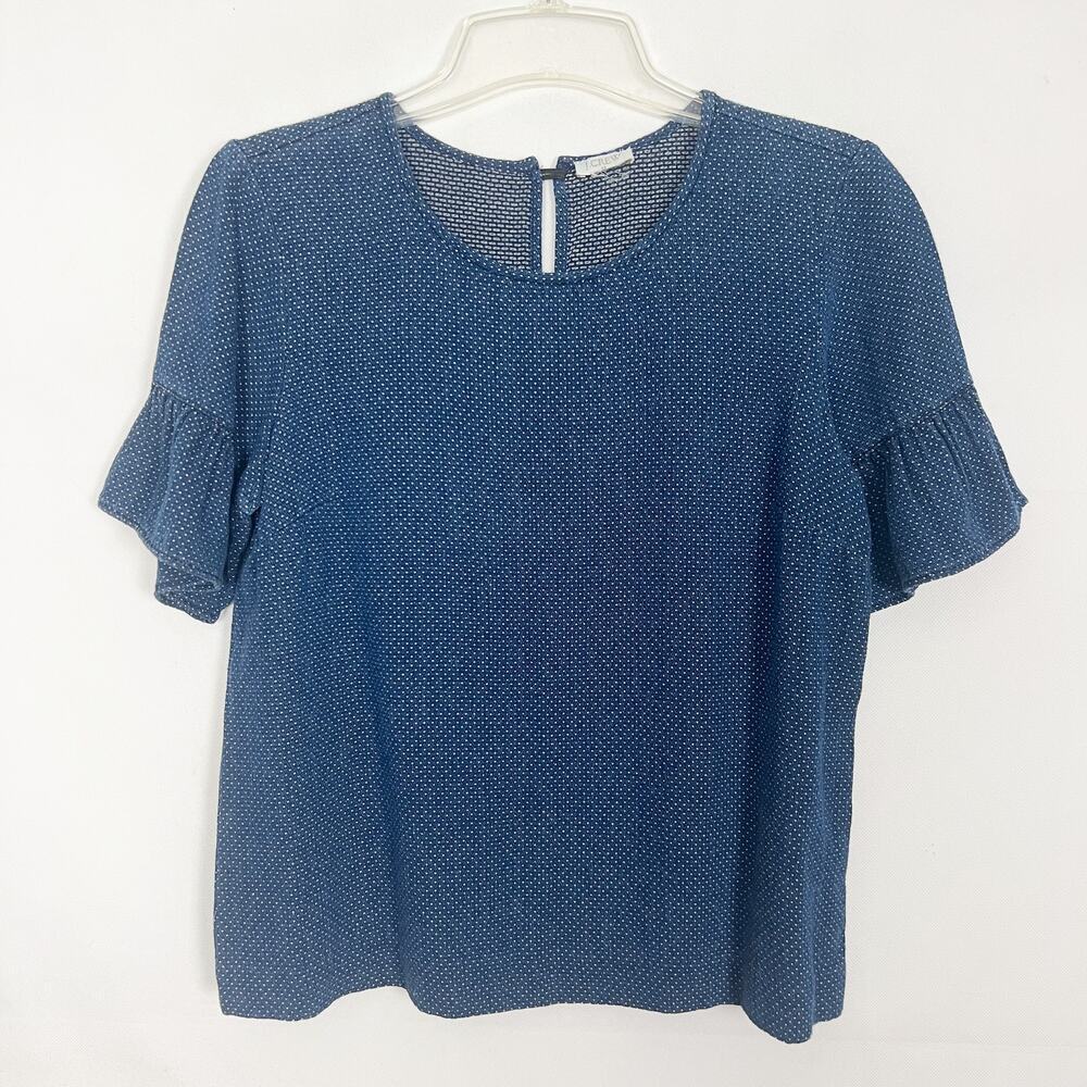 J. Crew Polka Dot Ruffle Sleeve Blue Top Size Small